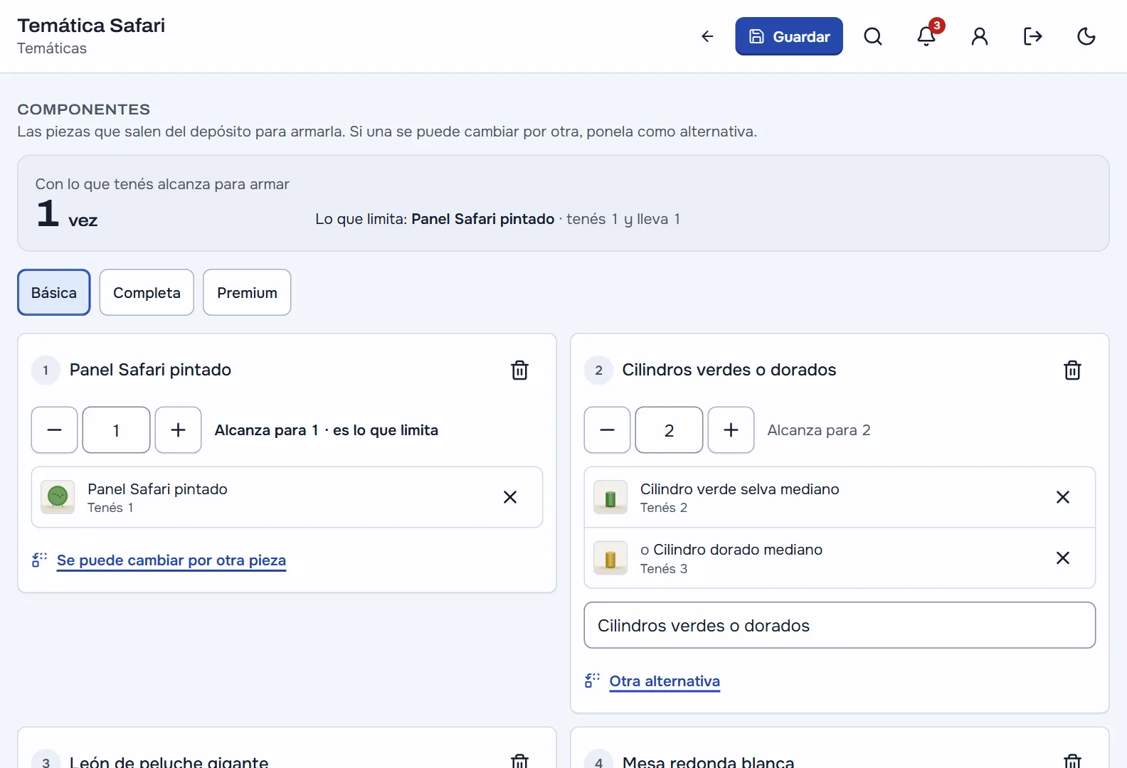 La temática Safari en la computadora: «Con lo que tenés alcanza para armar 1 vez», lo que limita es el panel Safari pintado; los tamaños Básica, Completa y Premium, y cada componente con su cantidad, sus piezas, cuántas tenés y para cuántas alcanza, con los cilindros verdes o dorados como alternativa.