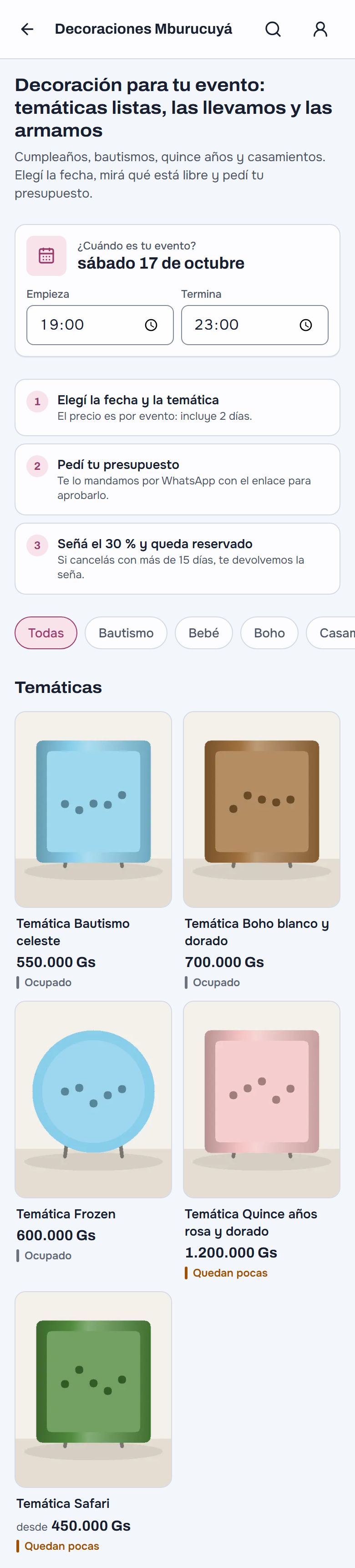 La página de Decoraciones Mburucuyá en el celular: «¿Cuándo es tu evento?» con un sábado elegido, los tres pasos de cómo se alquila, y las temáticas en dos columnas, cada una con su foto, su precio y la cinta del día: quedan pocas u ocupado