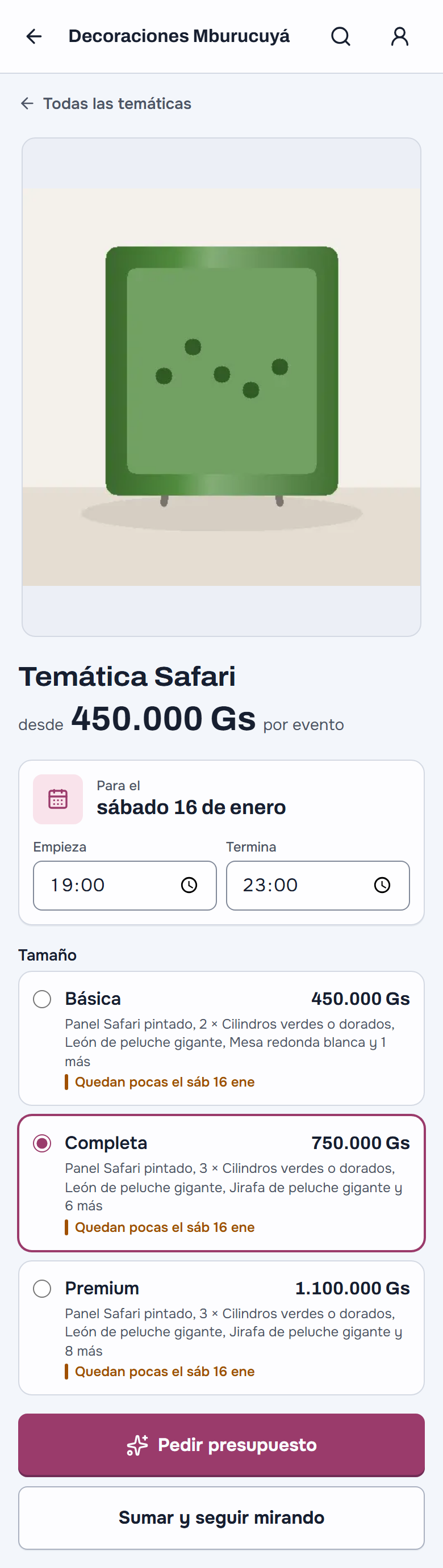 La temática Safari en el celular, con la fecha del evento puesta: la foto, el precio por evento, los tamaños Básica, Completa y Premium con su precio y su cinta del día, lo que lleva y el botón «Pedir presupuesto»
