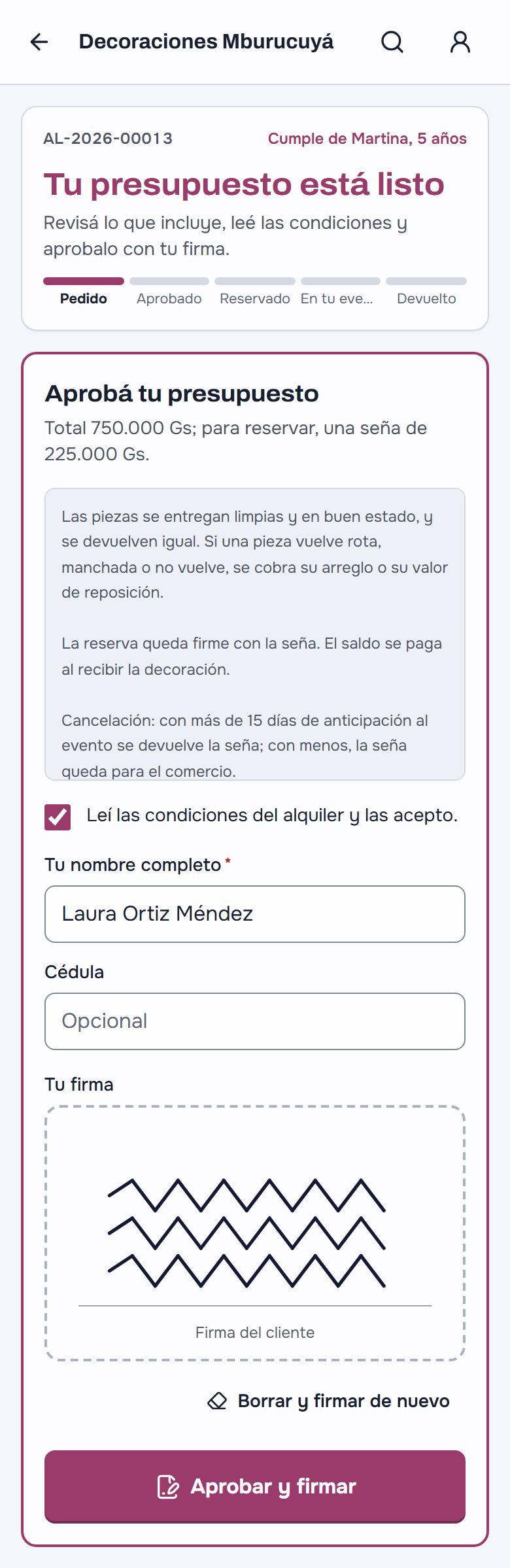 El enlace de la clienta: «Tu presupuesto está listo», lo que incluye con el total y la seña, y «Aprobá tu presupuesto» con las condiciones, la casilla «Leí las condiciones del alquiler y las acepto», su nombre y la firma hecha con el dedo