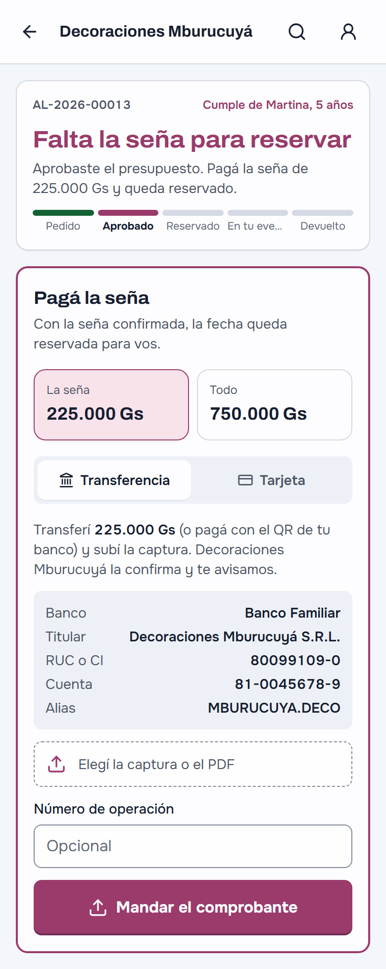 El enlace de la clienta ya aprobado: «Falta la seña para reservar», la seña con transferencia o QR, los datos del banco para copiar y el lugar para subir la captura del comprobante