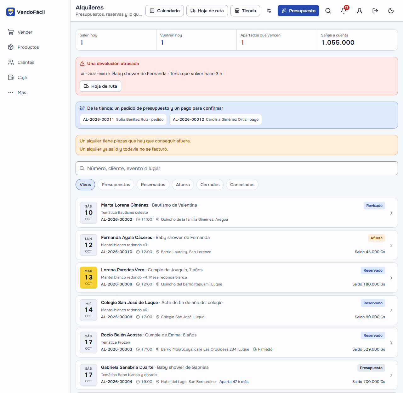 La lista de alquileres en la computadora: salen hoy, vuelven hoy, apartados que vencen y señas a cuenta; el aviso de una devolución atrasada, lo que espera de la tienda, los filtros y cada alquiler con su fecha, estado, temática, lugar y saldo