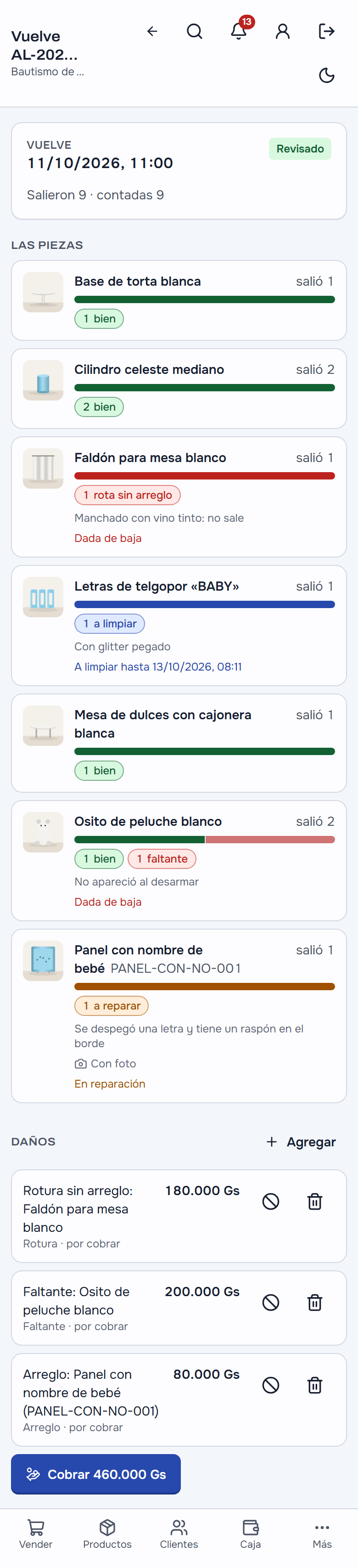 Lo que volvió del bautismo, en el celular: cada pieza con cómo volvió —el panel con el nombre a reparar, un faldón manchado sin arreglo, un osito que faltó, las letras a limpiar y el resto bien— y abajo los daños por cobrar con el total