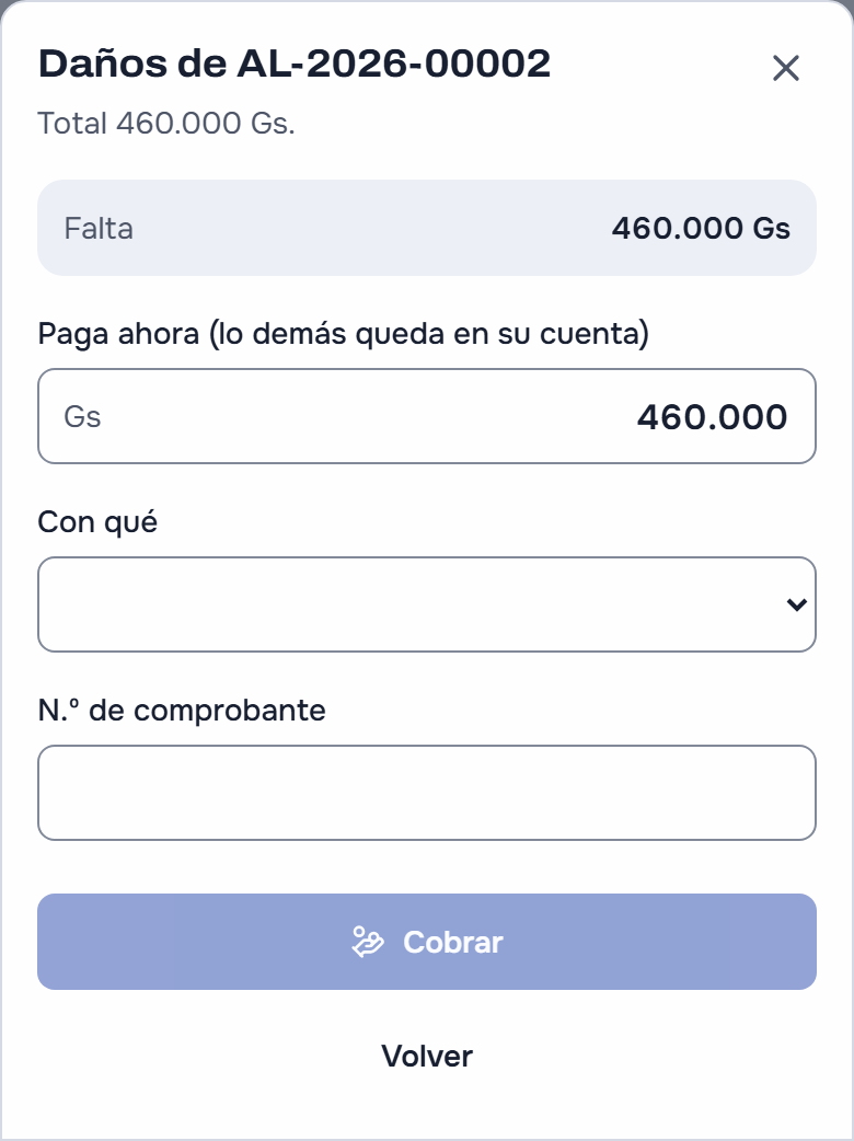 Los daños del bautismo: el total de los tres cargos, lo que falta, lo que paga ahora y lo que queda en su cuenta, con qué paga y el botón Cobrar