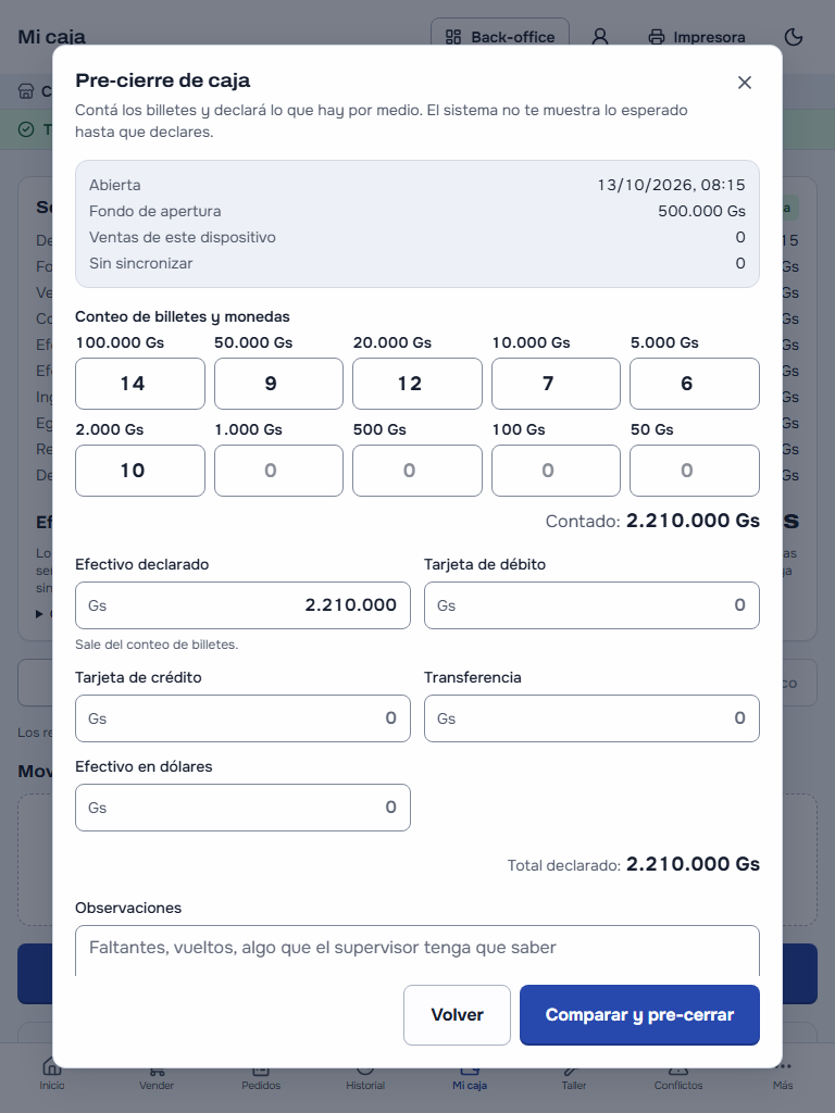 El pre-cierre de la caja con el conteo de billetes