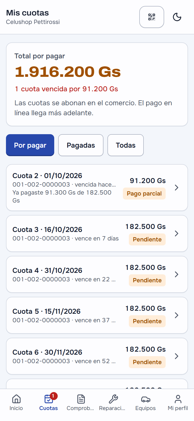 Las cuotas del cliente en el portal