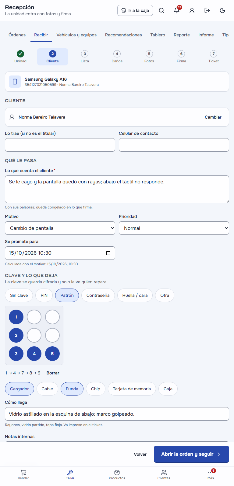 Recibir el equipo: el cliente, lo que le pasa, la clave y lo que deja