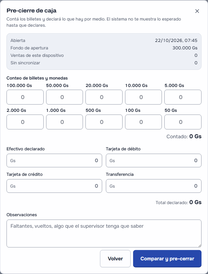 El pre-cierre de la caja: el pedido de contar los billetes y declarar lo que hay por medio, la caja abierta a las 07:45 con 300.000 Gs de fondo, el conteo de billetes y monedas de 100.000 a 50 Gs, el efectivo, las tarjetas y la transferencia declarados, las observaciones y los botones «Volver» y «Comparar y pre-cerrar»
