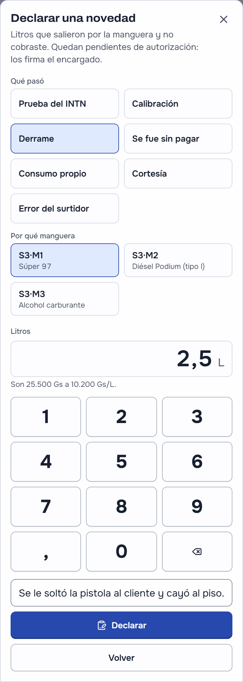 «Declarar una novedad» en la tablet: «Derrame» elegido entre los tipos (prueba del INTN, calibración, derrame, se fue sin pagar, consumo propio, cortesía, error del surtidor), la manguera S3·M1, los litros tecleados con lo que valen al precio de la manguera, la explicación escrita y los botones «Declarar» y «Volver»