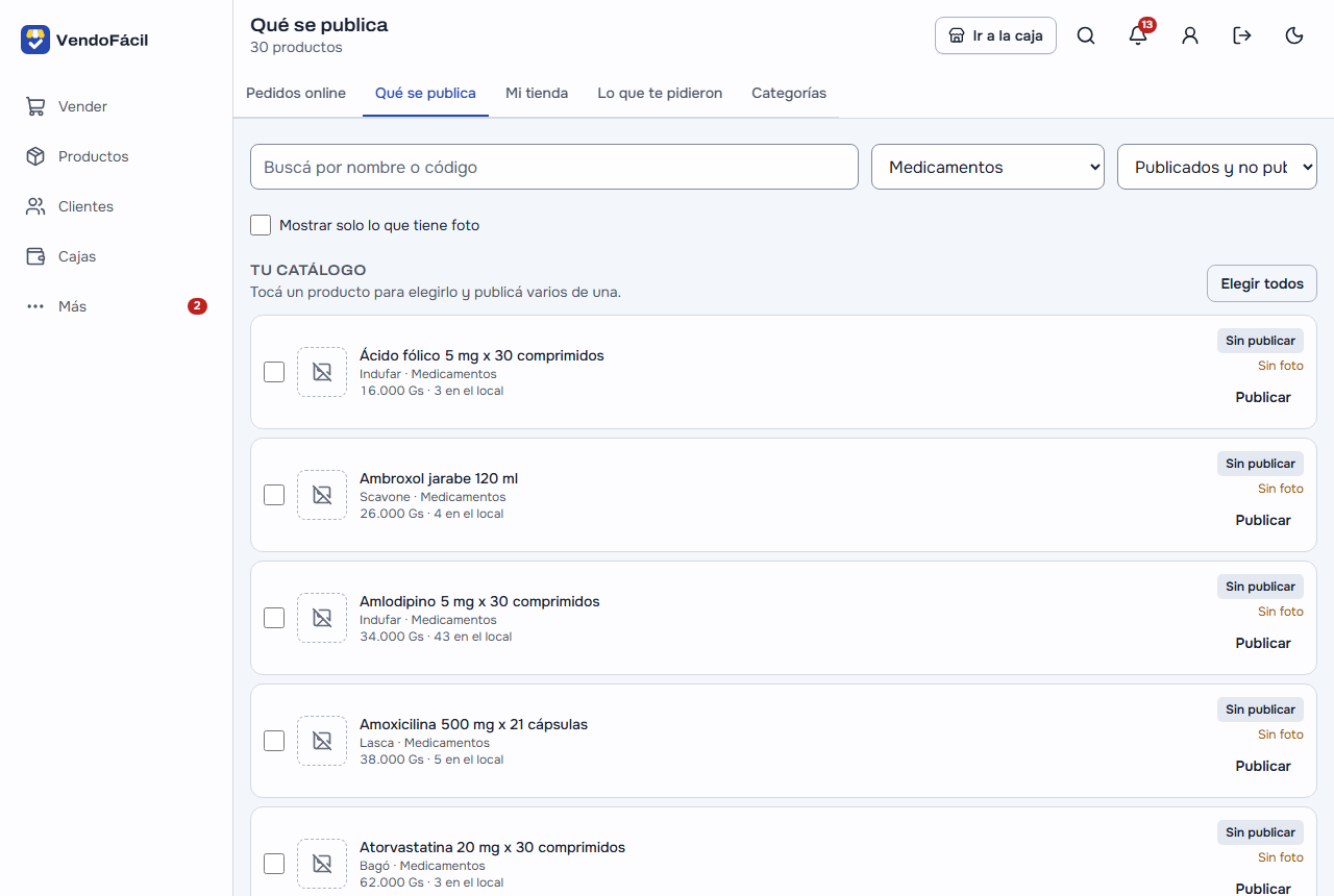 Mi tienda → Qué se publica en la computadora, filtrado por la categoría Medicamentos (30 productos): el Ácido fólico, el Ambroxol jarabe, el Amlodipino, la Amoxicilina y la Atorvastatina, cada uno con su laboratorio, su precio y su stock en el local, marcados «Sin publicar» y «Sin foto», con el botón «Publicar»