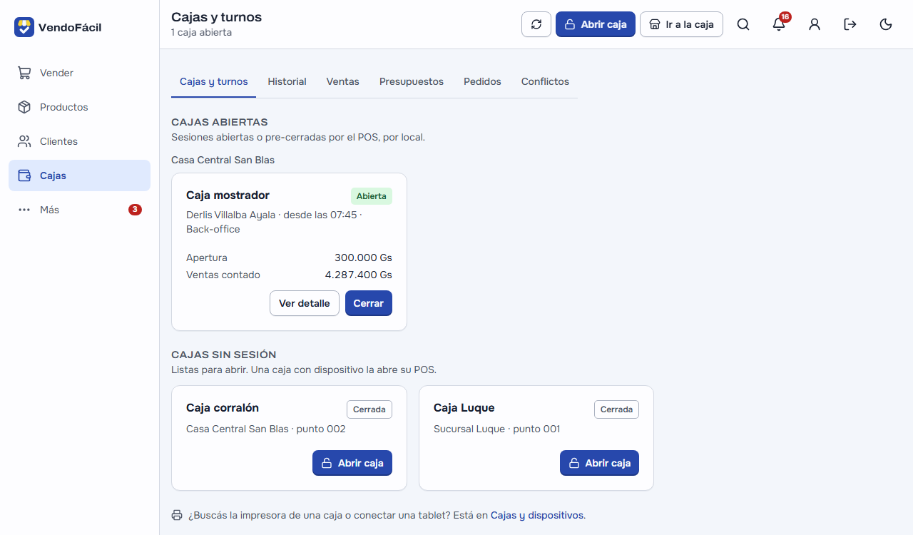 Cajas y turnos: la Caja mostrador abierta por Derlis Villalba Ayala desde las 07:45, con 300.000 Gs de apertura y 4.287.400 Gs de ventas de contado, «Ver detalle» y «Cerrar»; y sin sesión la Caja corralón (Casa Central San Blas, punto 002) y la Caja Luque (Sucursal Luque, punto 001), cada una con «Abrir caja»