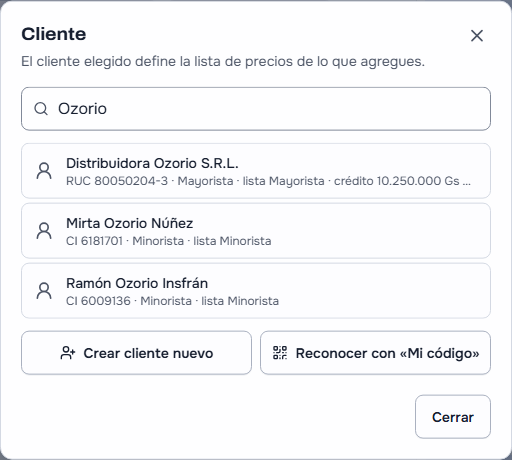«Cliente» en la caja, buscando «Ozorio»: Distribuidora Ozorio S.R.L. con su RUC, Mayorista, lista Mayorista y 10.250.000 Gs de crédito disponible, y Mirta Ozorio Núñez y Ramón Ozorio Insfrán con su cédula, Minorista y lista Minorista; abajo «Crear cliente nuevo» y «Reconocer con Mi código»
