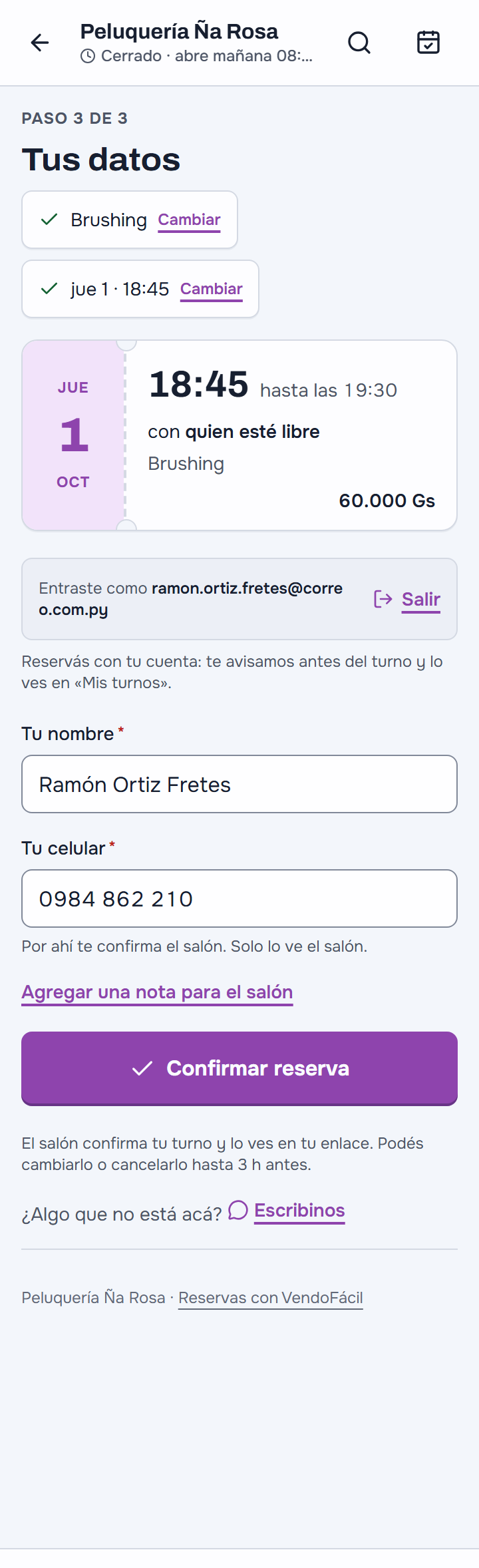 Reservar con la cuenta