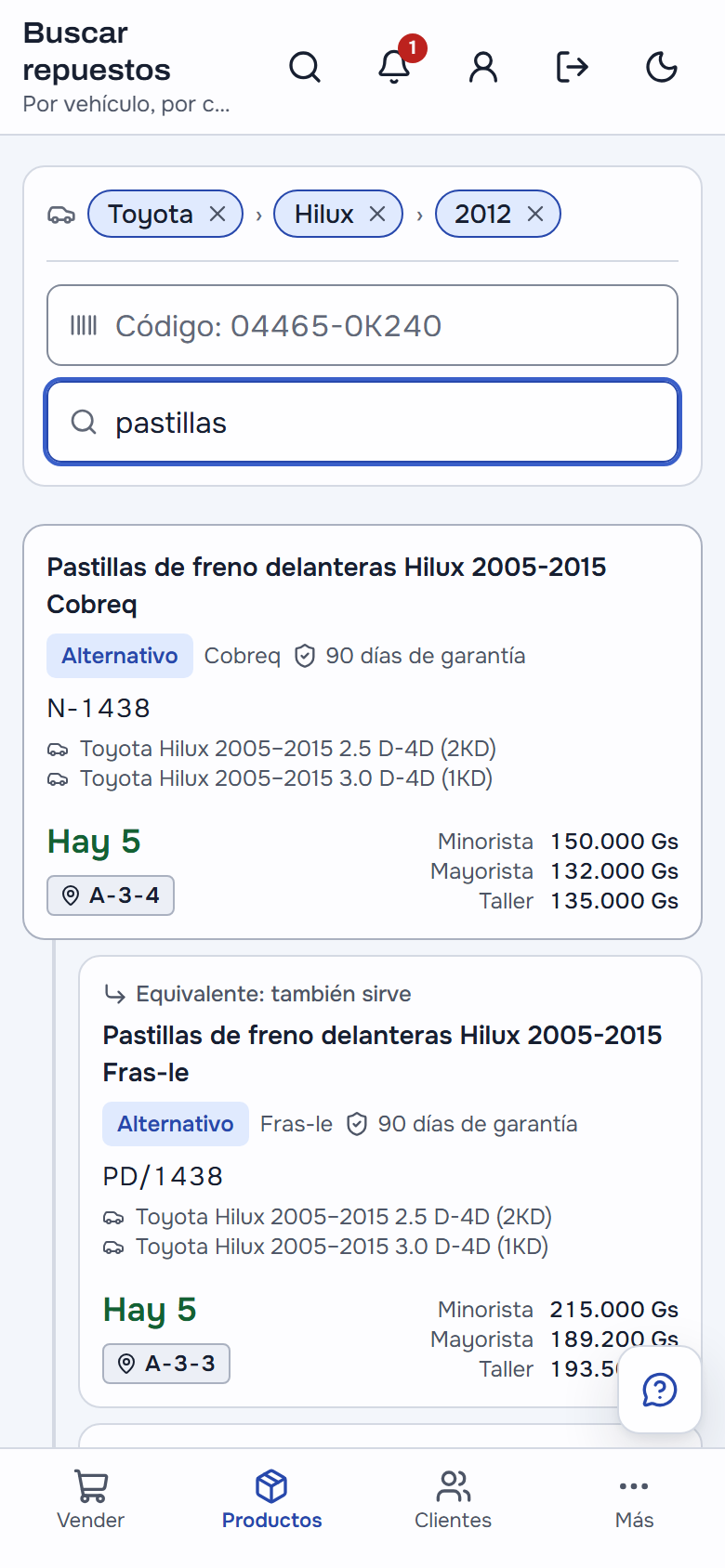 Buscar repuestos en el celular: Toyota Hilux 2012, las pastillas Cobreq con su estado, su garantía, su código, su estante y sus precios, y debajo la Fras-le que también sirve