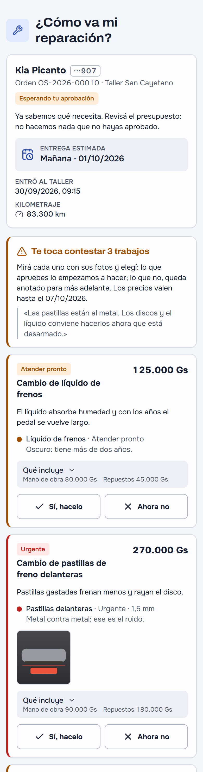 El presupuesto por trabajo en el celular del cliente