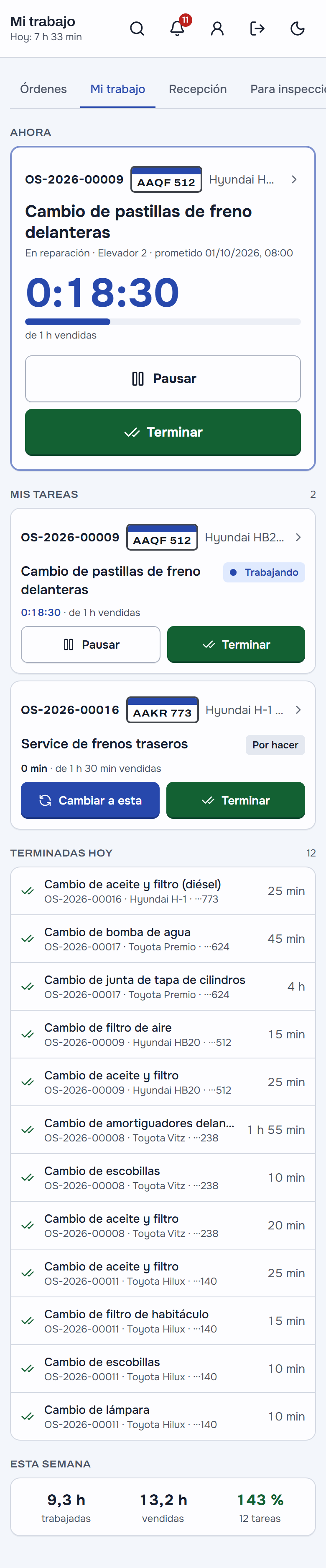 Mi trabajo en el celular del mecánico: la tarea que corre con el reloj y los botones Pausar y Terminar