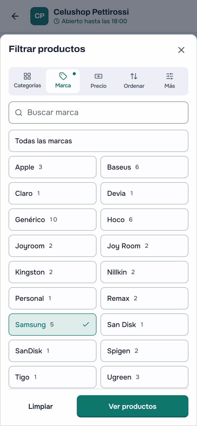 La hoja «Filtrar productos» abierta en el celular, con las pestañas Categorías, Marca, Precio, Ordenar y Más; en Marca, el buscador de marcas, «Todas las marcas» y cada marca con su cantidad, con Samsung (5) elegida con su tilde, y al pie «Limpiar» y «Ver productos»